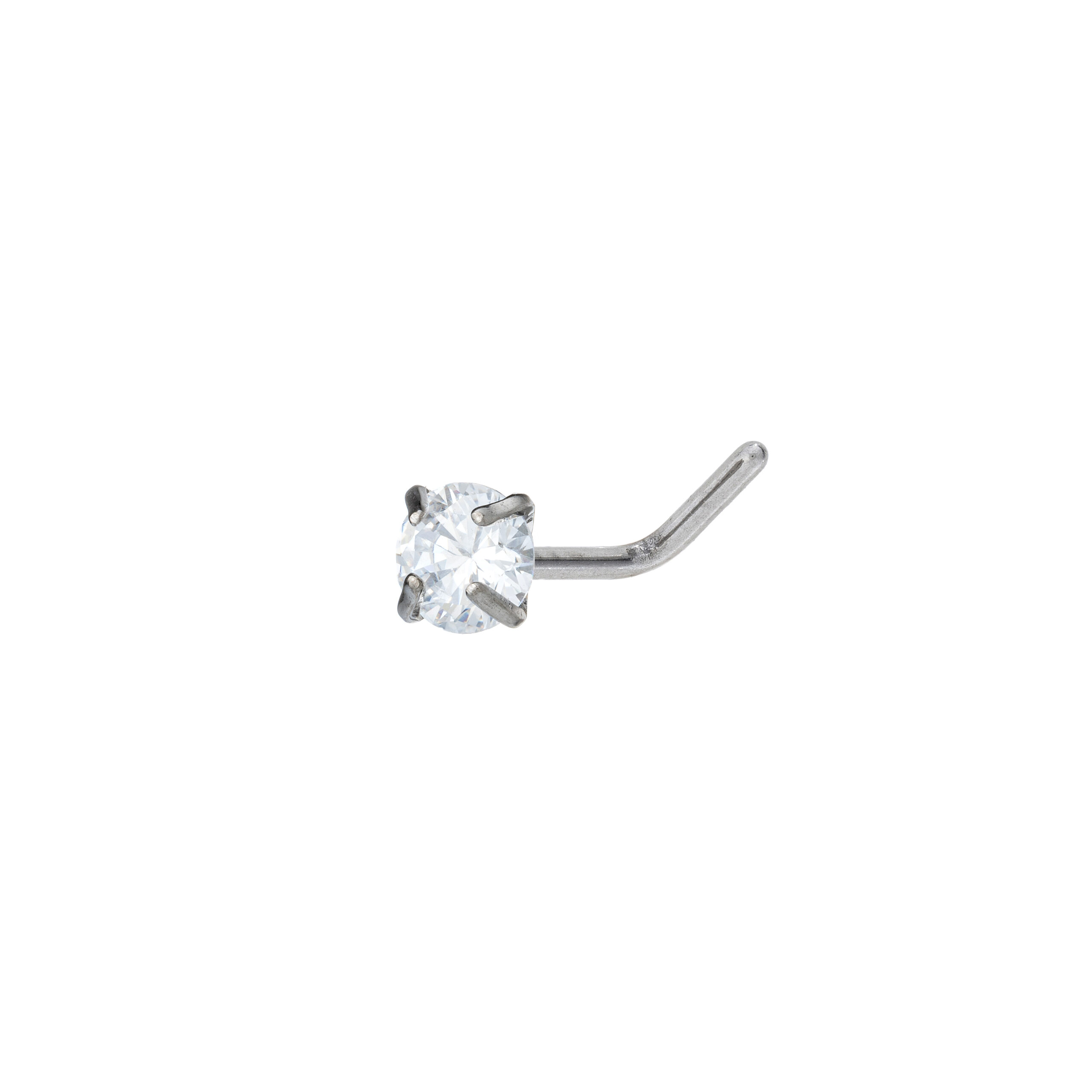 Titanium L Shaped Nose Stud With Round Prong Set CZ Stone Top