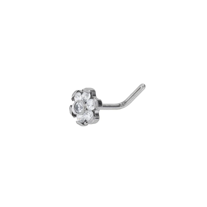 Titanium L Shaped Nose Stud With Prong Set CZ Flower Top