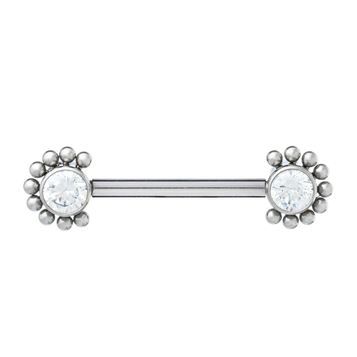 Titanium Int. Threaded Nipple Barbell – Flower w/ CZ Center & Beads