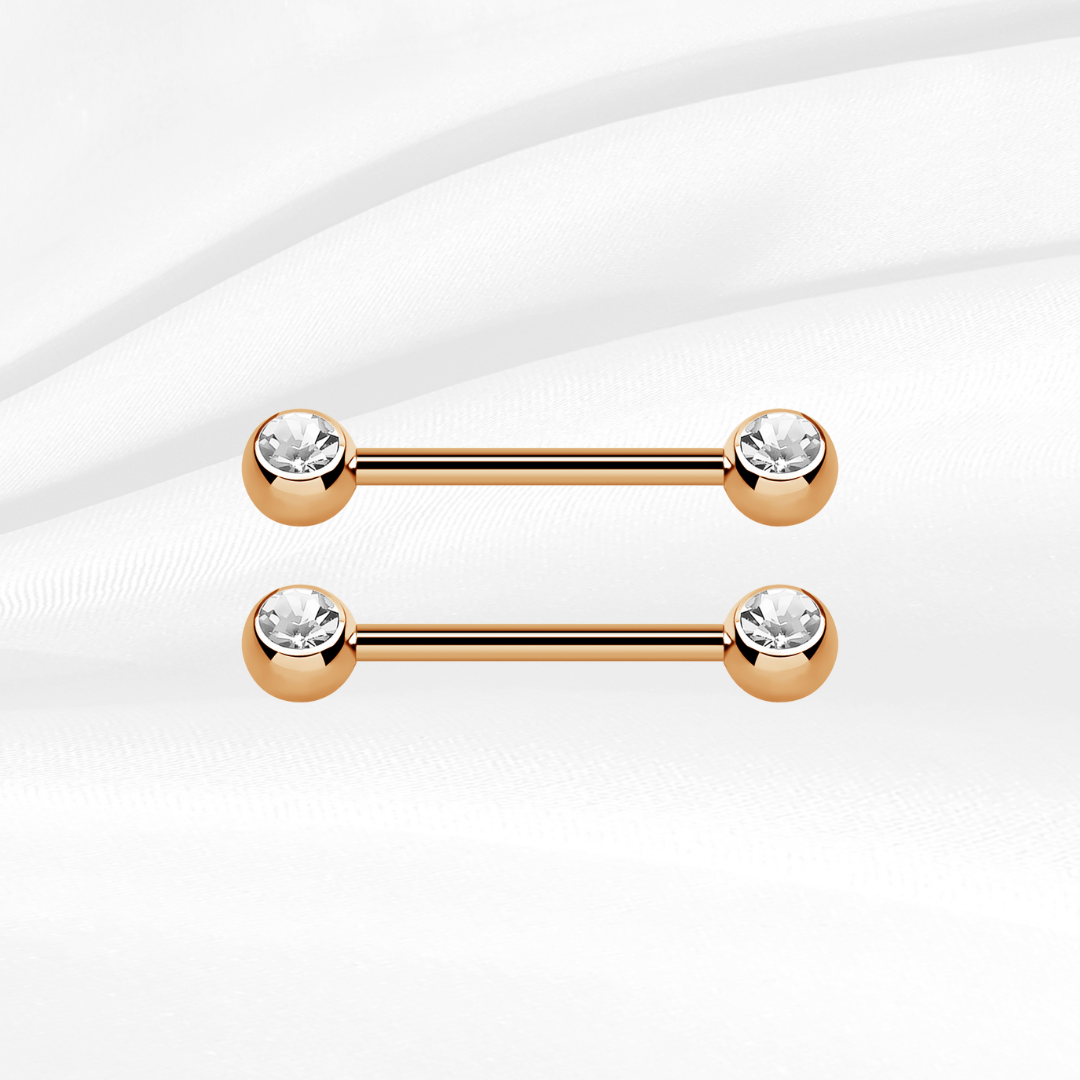 Surgical Steel Rose Gold Plated Nipple Barbell With CZ Stones 1.6mm