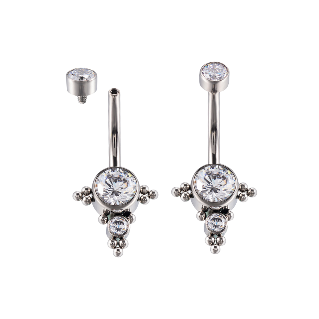 Titanium Int. Threaded Navel Banana W/ Cubic Zirconia & Triplets of Beads