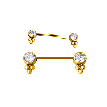 Titanium Gold PVD Plated Threadless Nipple Barbell With Round CZ and Beads