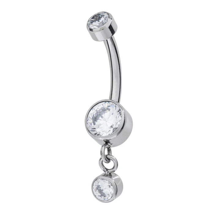 Titanium Int. Threaded Navel Banana W/ Cubic Zirconia and Single Hanging CZ